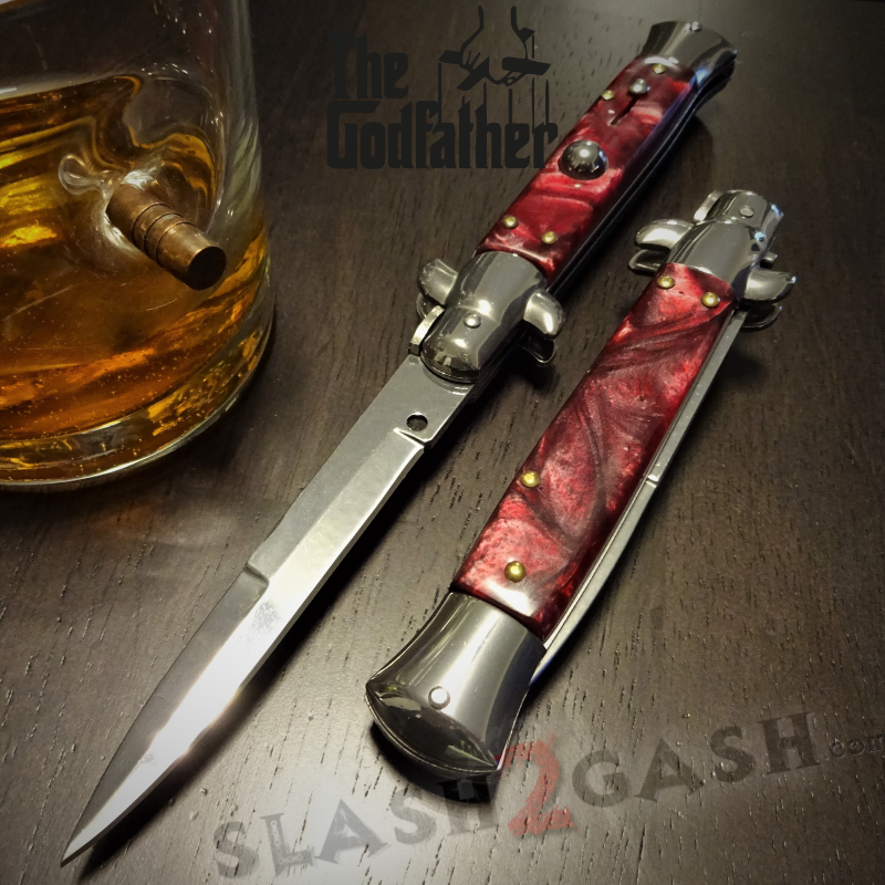 Godfather Stiletto Knife Italian Style Automatic Classic Switchblade Silver - Red Pearl Knife-Auto - Tophatter Daily Deals