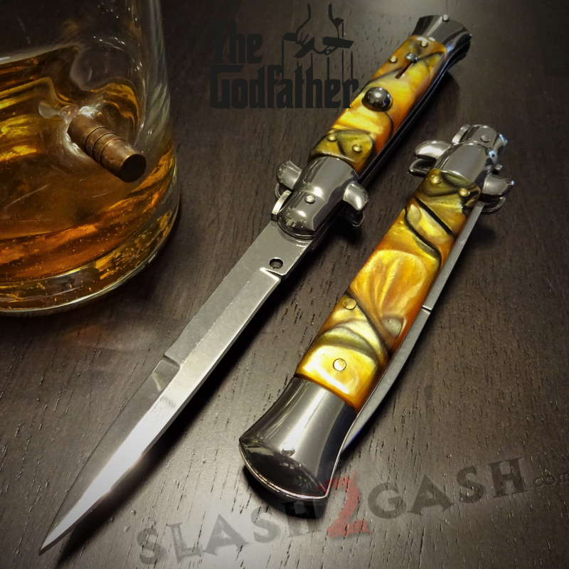 Godfather Stiletto Knife Italian Style Automatic Classic Switchblade Silver - Yellow Pearl Knife-Auto - Tophatter Daily Deals