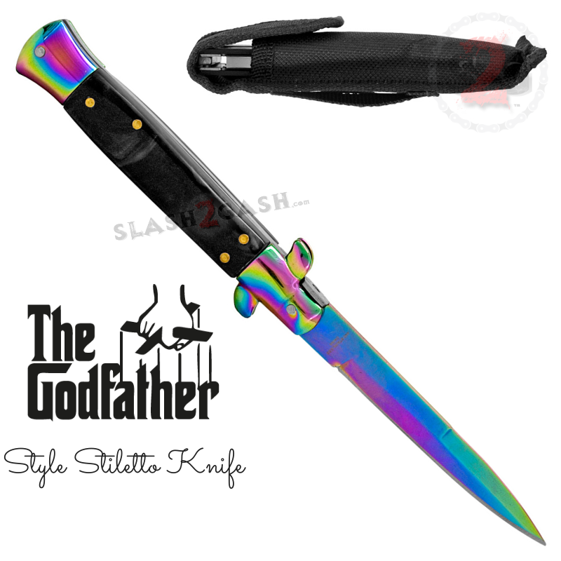 Godfather Stiletto Knife Italian Style Switchblade - Rainbow Black Pearl Knife-Auto - Tophatter Daily Deals