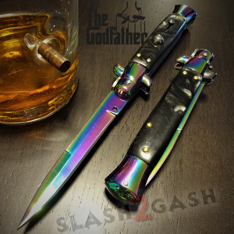 Godfather Stiletto Knife Italian Style Switchblade - Rainbow Black Pearl Knife-Auto - Tophatter Daily Deals