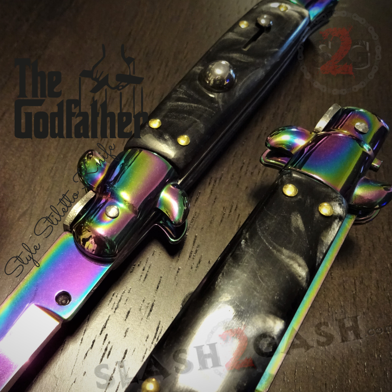 Godfather Stiletto Knife Italian Style Switchblade - Rainbow Black Pearl Titanium Rainbow - Black Pearl Knife-Auto - Tophatter Daily Deals