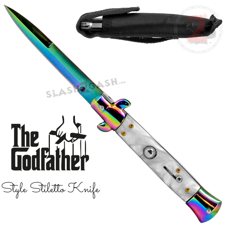 Godfather Stiletto Knife Italian Style Switchblade - Rainbow White Pearl Titanium Rainbow - White Pearl Knife-Auto - Tophatter Daily Deals