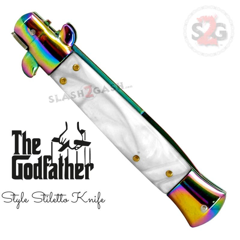 Godfather Stiletto Knife Italian Style Switchblade - Rainbow White Pearl Knife-Auto - Tophatter Daily Deals