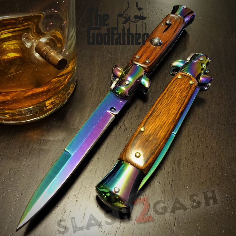Godfather Stiletto Knife Italian Style Automatic Classic Switchblade Rainbow - Rosewood Knife-Auto - Tophatter Daily Deals