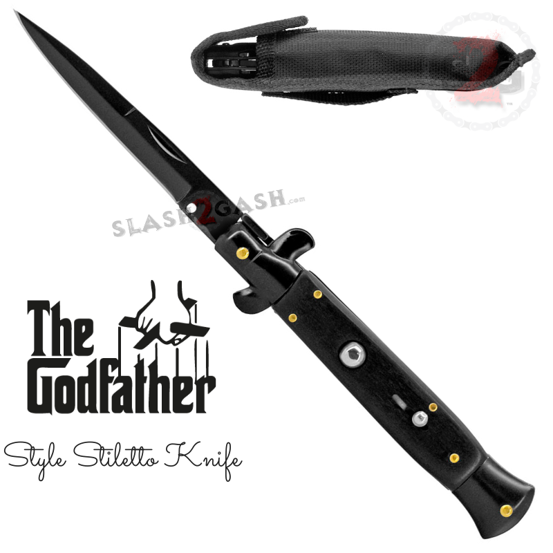 Godfather Stiletto Knife Italian Style Automatic Classic Switchblade Black - Black Acrylic (solid black) - BBK3 Knife-Auto - Tophatter Daily Deals