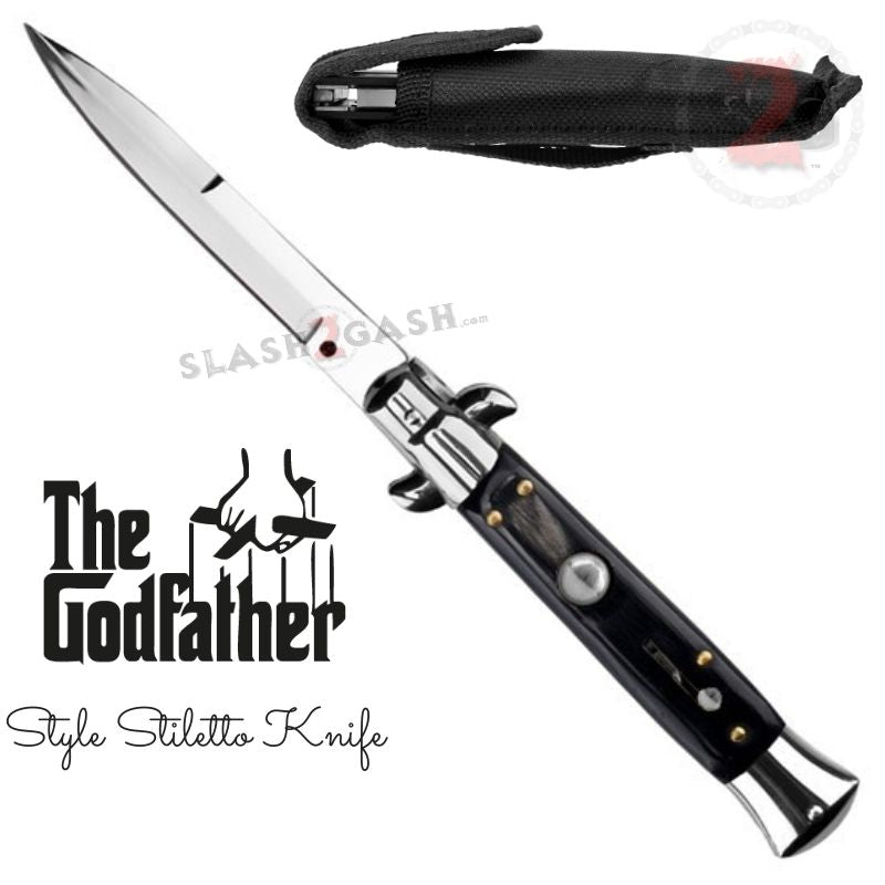 Godfather Stiletto Automatic Knife Classic Switchblade - Black Black Acrylic 45% OFF (blade is slightly beyond 180 degrees, NOT returnable) Knife-Auto - Tophatter Daily Deals