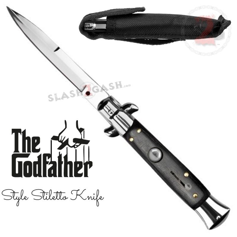 Godfather Stiletto Automatic Knife Classic Switchblade - Black Black Wood Knife-Auto - Tophatter Daily Deals