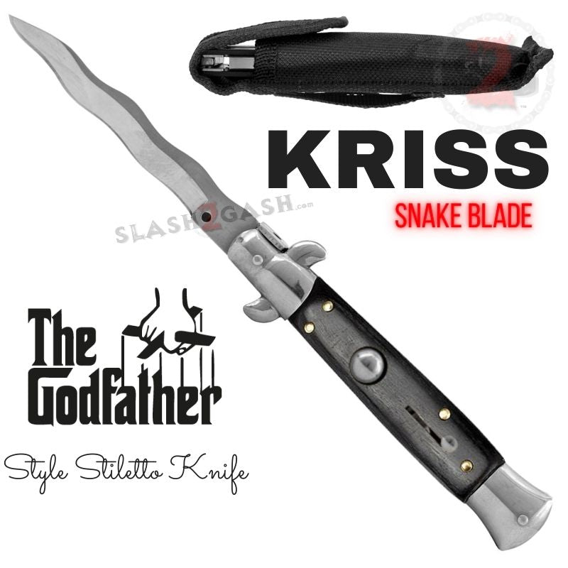 Italian Stiletto Automatic Knife KRISS Switchblade - Snake Blade Wavy Silver - Black Wood Knife-Auto - Tophatter Daily Deals