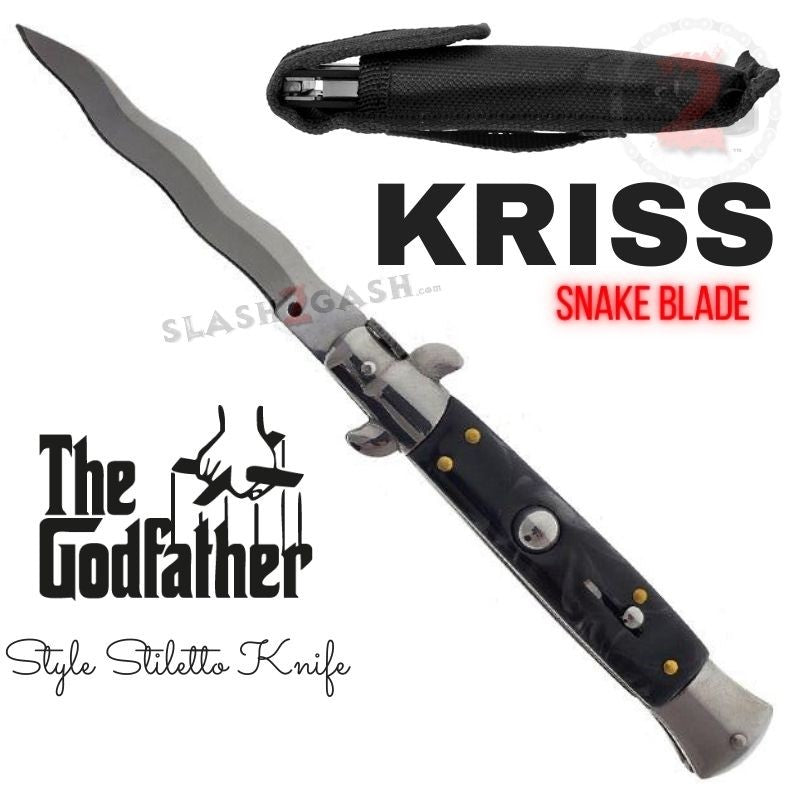 Italian Stiletto Automatic Knife KRISS Switchblade - Snake Blade Wavy Silver - Black Pearl Knife-Auto - Tophatter Daily Deals
