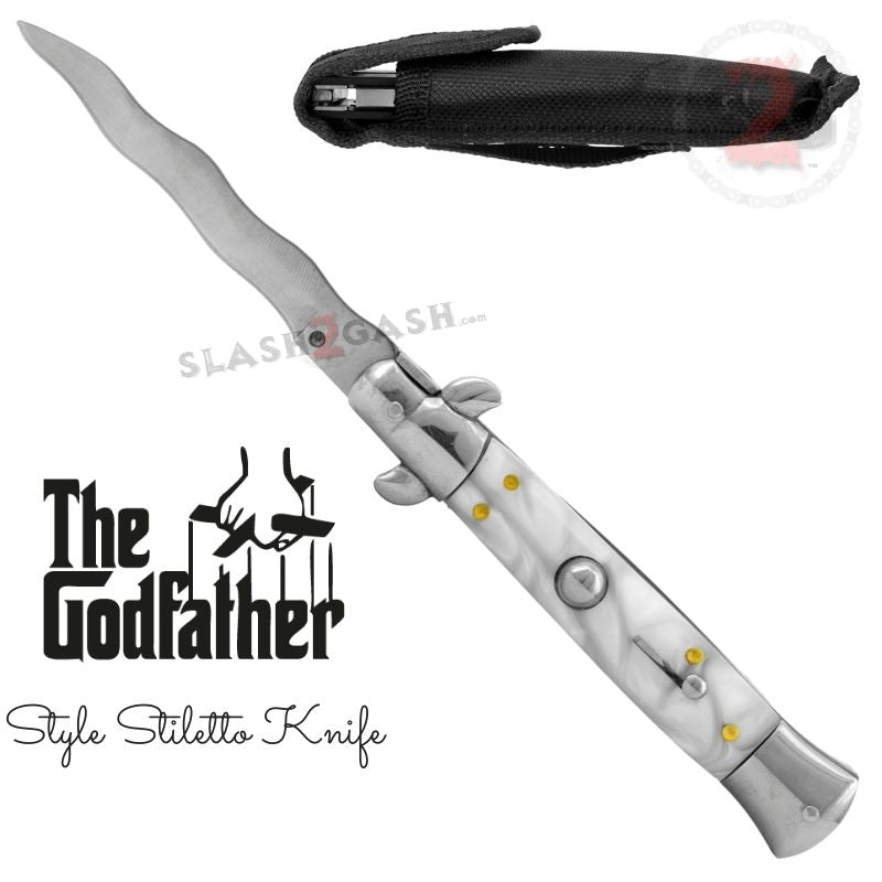 Italian Stiletto Automatic Knife KRISS Snake Blade Wavy - White Pearl Knife-Auto - Tophatter Daily Deals
