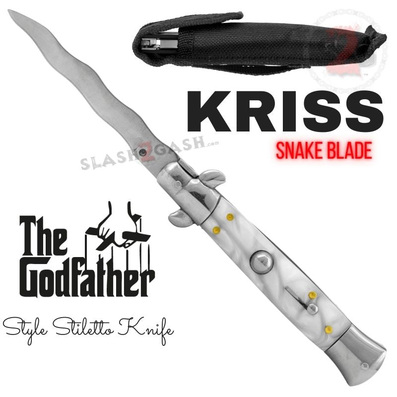 Italian Stiletto Automatic Knife KRISS Snake Blade Wavy - White Pearl Knife-Auto - Tophatter Daily Deals