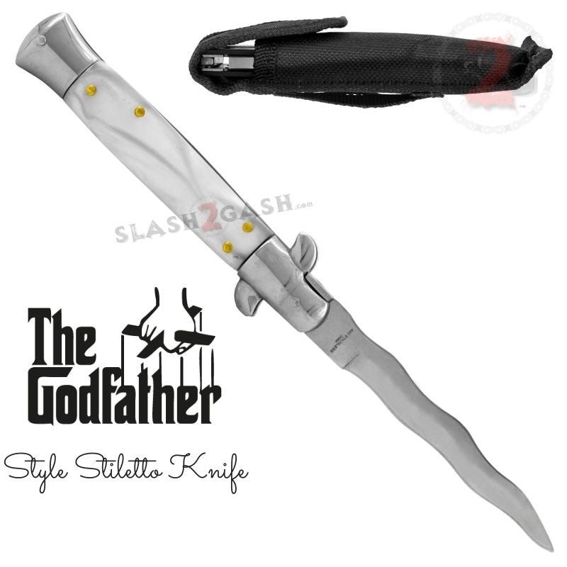 Italian Stiletto Automatic Knife KRISS Snake Blade Wavy - White Pearl Knife-Auto - Tophatter Daily Deals