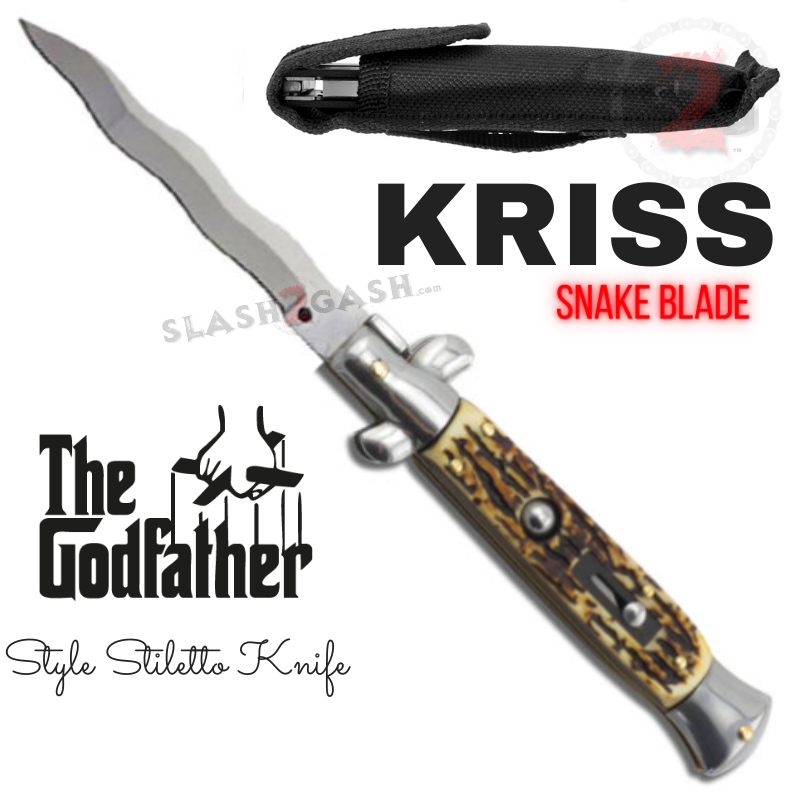 Italian Stiletto Automatic Knife KRISS Switchblade - Snake Blade Wavy Silver - Stag Horn (acrylic) Knife-Auto - Tophatter Daily Deals