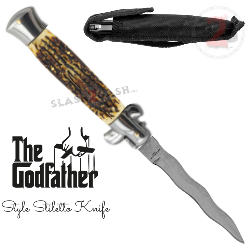 Italian Stiletto Automatic Knife KRISS Snake Blade Wavy - Stag Knife-Auto - Tophatter Daily Deals