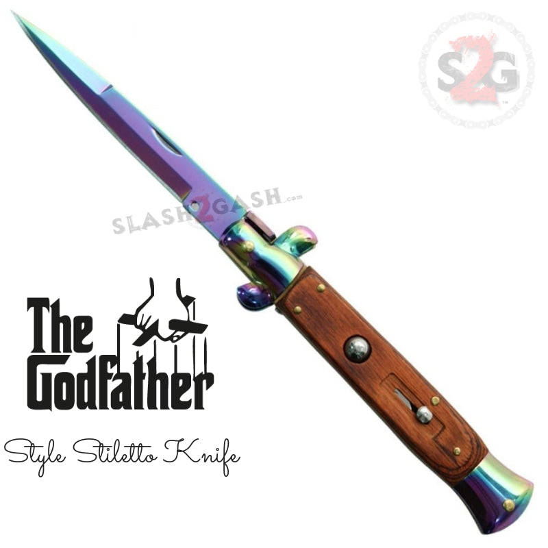 Godfather Stiletto Automatic Knife Classic Switchblade - asst. Colors Rainbow - Rosewood Knife-Auto - Tophatter Daily Deals