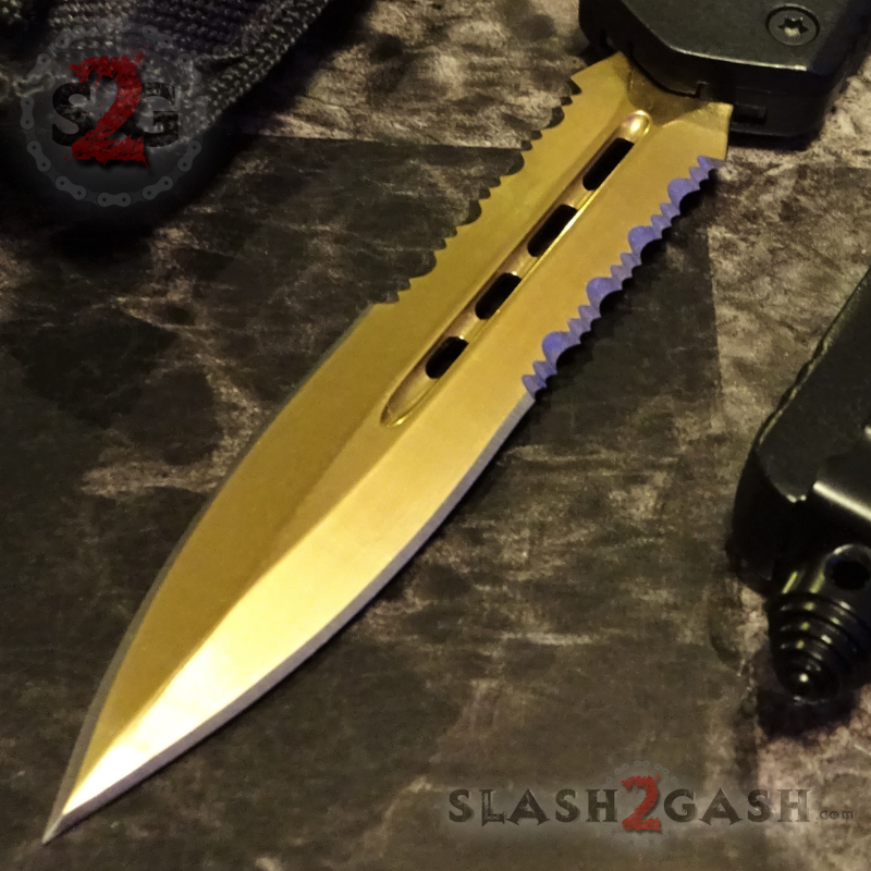 Gold Recon OTF Knife D/A Black Switchblade *Limited Edtition* Black Handle - Dagger Serrated Knife-OTF - Tophatter Daily Deals