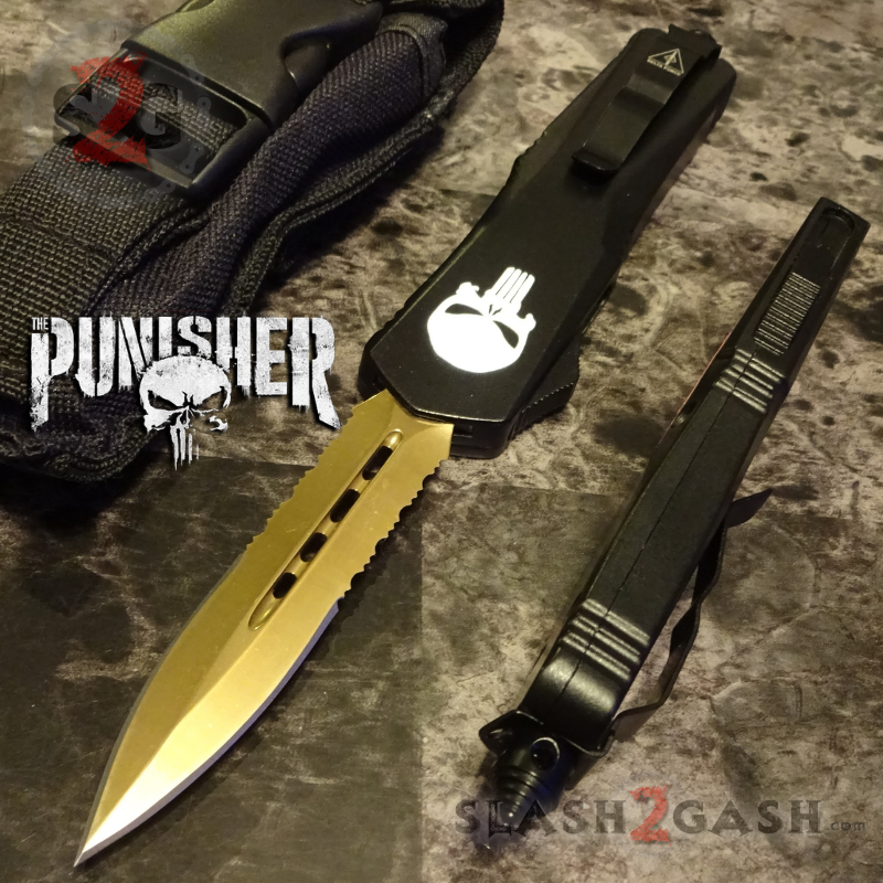 Golden Punisher OTF Knife D/A Skull Switchblade *Limited Edtition* Knife-OTF - Tophatter Daily Deals