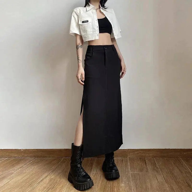 Goth Dark Elegant Mall Gothic Trumpet Women Midi Skirts Grunge High Waist Split Sexy Club Long Skirt Slim Party Streetwear - Tophatter Daily Deals