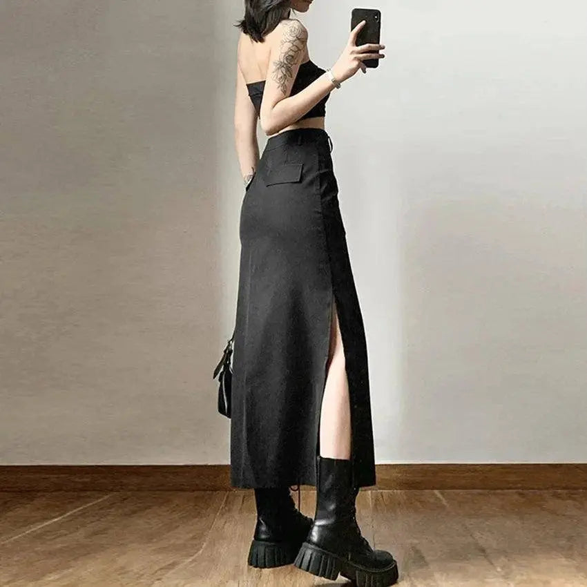 Goth Dark Elegant Mall Gothic Trumpet Women Midi Skirts Grunge High Waist Split Sexy Club Long Skirt Slim Party Streetwear - Tophatter Daily Deals