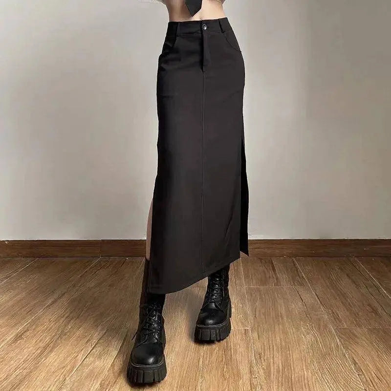 Goth Dark Elegant Mall Gothic Trumpet Women Midi Skirts Grunge High Waist Split Sexy Club Long Skirt Slim Party Streetwear - Tophatter Daily Deals