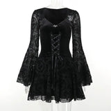 Goth Dark Elegant Vintage Mall Gothic Velvet Dresses Grunge Punk Style Flocked Bandage Dress Women Flare Sleeve Party Alt Outfit black - Tophatter Daily Deals