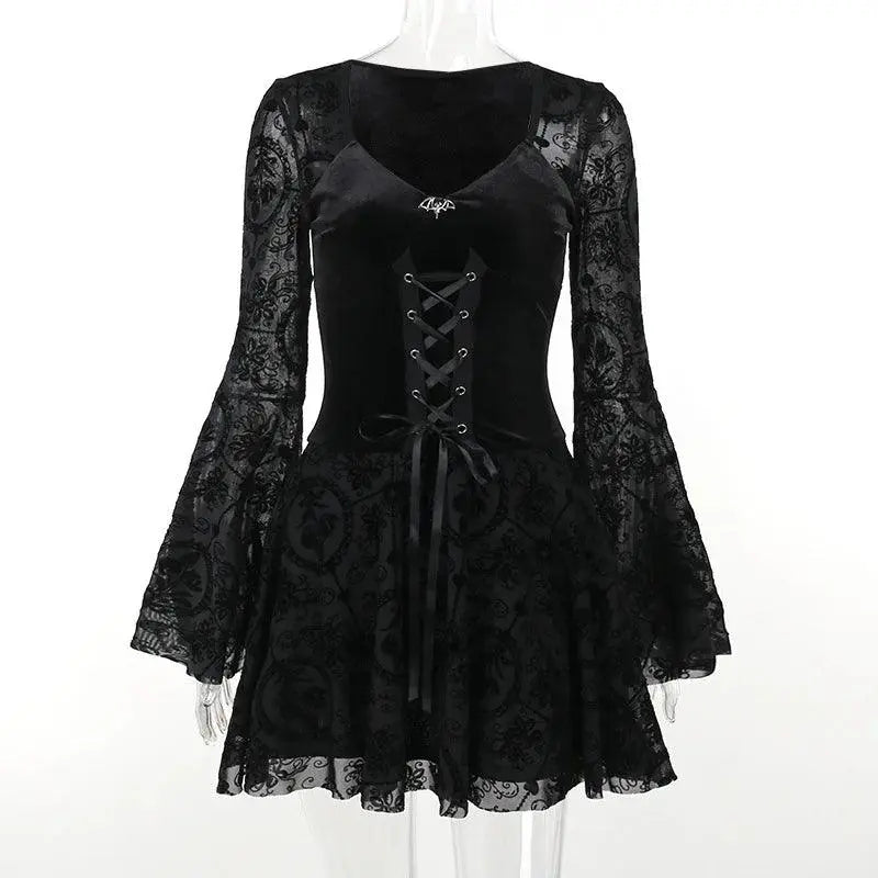 Goth Dark Elegant Vintage Mall Gothic Velvet Dresses Grunge Punk Style Flocked Bandage Dress Women Flare Sleeve Party Alt Outfit black - Tophatter Daily Deals