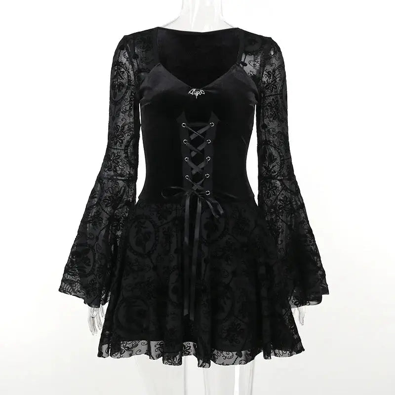 Goth Dark Elegant Vintage Mall Gothic Velvet Dresses Grunge Punk Style Flocked Bandage Dress Women Flare Sleeve Party Alt Outfit - Tophatter Daily Deals