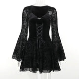Goth Dark Elegant Vintage Mall Gothic Velvet Dresses Grunge Punk Style Flocked Bandage Dress Women Flare Sleeve Party Alt Outfit - Tophatter Daily Deals