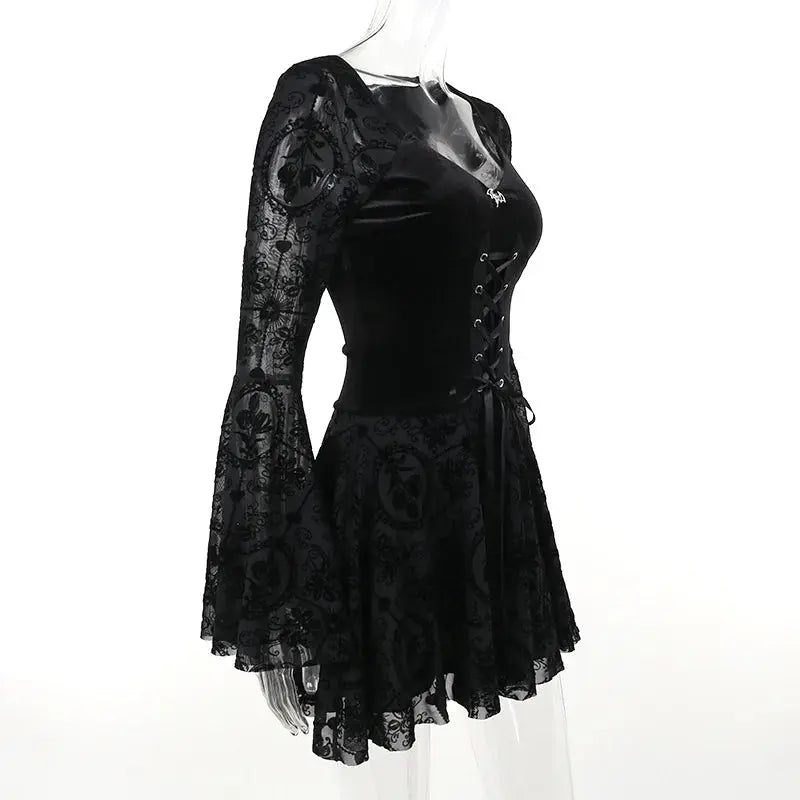 Goth Dark Elegant Vintage Mall Gothic Velvet Dresses Grunge Punk Style Flocked Bandage Dress Women Flare Sleeve Party Alt Outfit - Tophatter Daily Deals