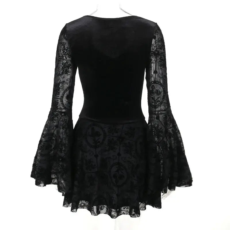 Goth Dark Elegant Vintage Mall Gothic Velvet Dresses Grunge Punk Style Flocked Bandage Dress Women Flare Sleeve Party Alt Outfit - Tophatter Daily Deals