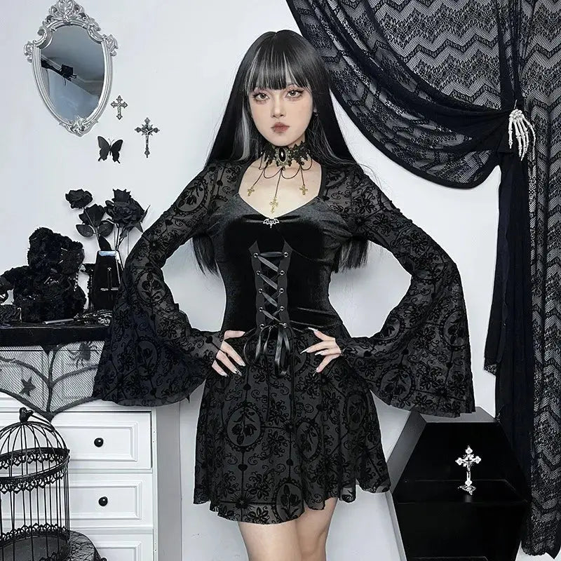 Goth Dark Elegant Vintage Mall Gothic Velvet Dresses Grunge Punk Style Flocked Bandage Dress Women Flare Sleeve Party Alt Outfit - Tophatter Daily Deals