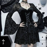 Goth Dark Elegant Vintage Mall Gothic Velvet Dresses Grunge Punk Style Flocked Bandage Dress Women Flare Sleeve Party Alt Outfit - Tophatter Daily Deals