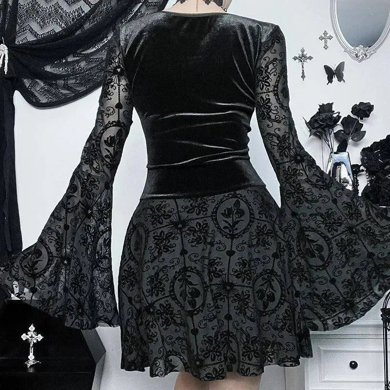 Goth Dark Elegant Vintage Mall Gothic Velvet Dresses Grunge Punk Style Flocked Bandage Dress Women Flare Sleeve Party Alt Outfit - Tophatter Daily Deals