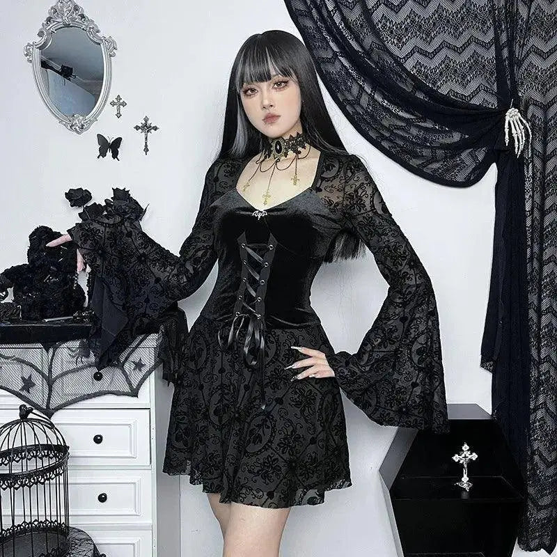 Goth Dark Elegant Vintage Mall Gothic Velvet Dresses Grunge Punk Style Flocked Bandage Dress Women Flare Sleeve Party Alt Outfit - Tophatter Daily Deals