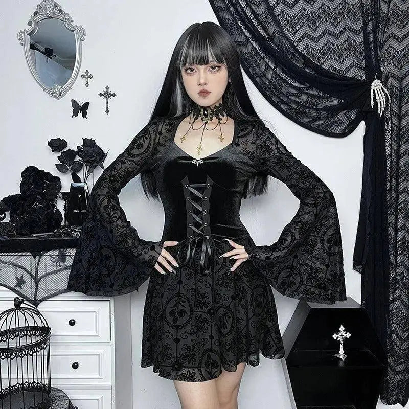 Goth Dark Elegant Vintage Mall Gothic Velvet Dresses Grunge Punk Style Flocked Bandage Dress Women Flare Sleeve Party Alt Outfit - Tophatter Daily Deals