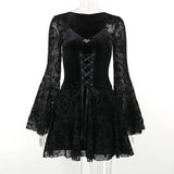 Goth Dark Elegant Vintage Mall Gothic Velvet Dresses Grunge Punk Style Flocked Bandage Dress Women Flare Sleeve Party Alt Outfit - Tophatter Daily Deals