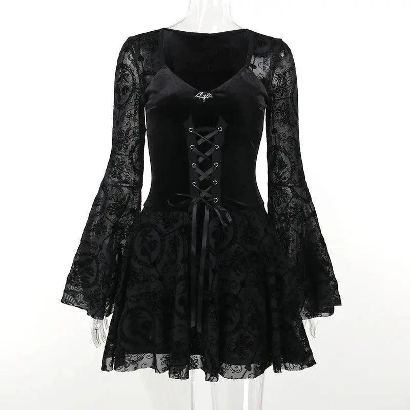 Goth Dark Elegant Vintage Mall Gothic Velvet Dresses Grunge Punk Style Flocked Bandage Dress Women Flare Sleeve Party Alt Outfit - Tophatter Daily Deals