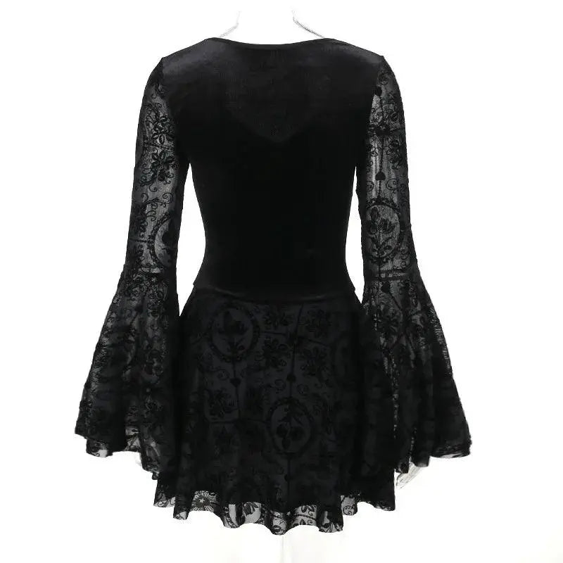 Goth Dark Elegant Vintage Mall Gothic Velvet Dresses Grunge Punk Style Flocked Bandage Dress Women Flare Sleeve Party Alt Outfit - Tophatter Daily Deals