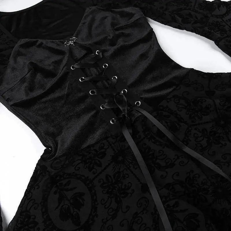Goth Dark Elegant Vintage Mall Gothic Velvet Dresses Grunge Punk Style Flocked Bandage Dress Women Flare Sleeve Party Alt Outfit - Tophatter Daily Deals
