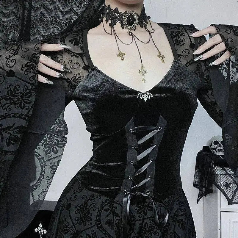 Goth Dark Elegant Vintage Mall Gothic Velvet Dresses Grunge Punk Style Flocked Bandage Dress Women Flare Sleeve Party Alt Outfit - Tophatter Daily Deals