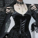 Goth Dark Elegant Vintage Mall Gothic Velvet Dresses Grunge Punk Style Flocked Bandage Dress Women Flare Sleeve Party Alt Outfit - Tophatter Daily Deals