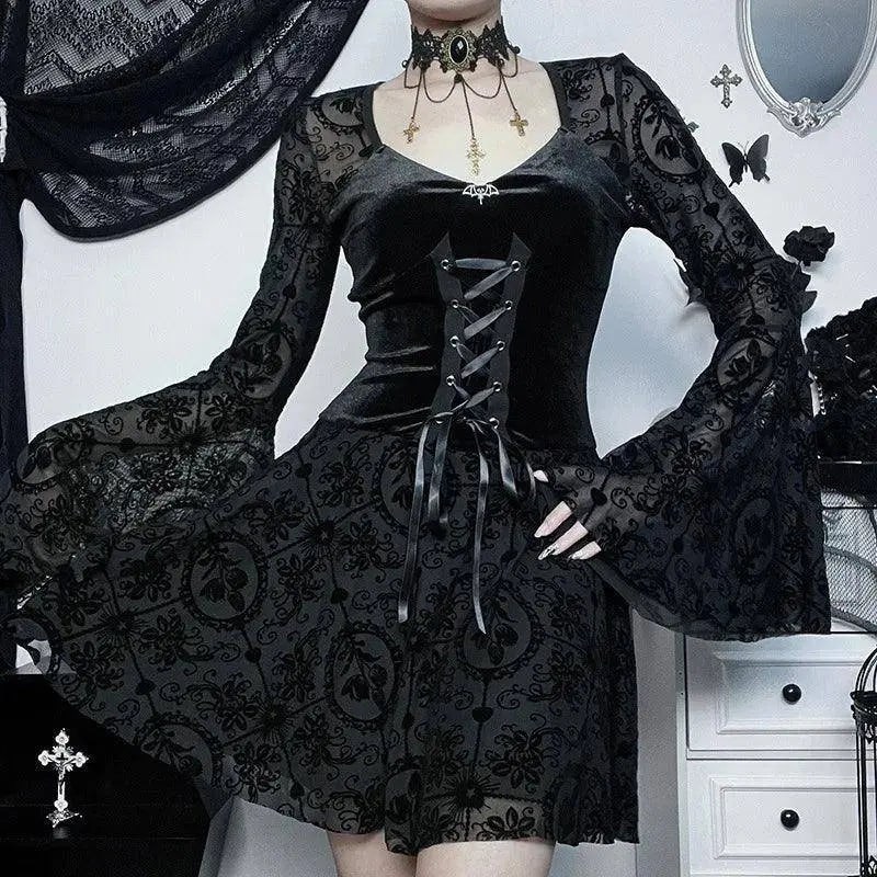 Goth Dark Elegant Vintage Mall Gothic Velvet Dresses Grunge Punk Style Flocked Bandage Dress Women Flare Sleeve Party Alt Outfit - Tophatter Daily Deals