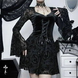 Goth Dark Elegant Vintage Mall Gothic Velvet Dresses Grunge Punk Style Flocked Bandage Dress Women Flare Sleeve Party Alt Outfit - Tophatter Daily Deals