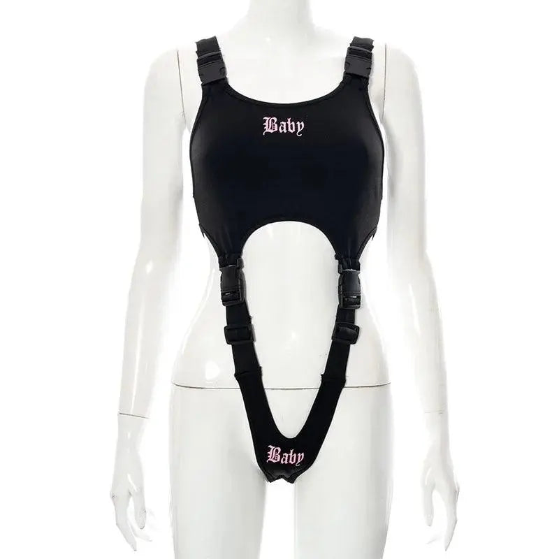 Goth Dark Techwear Y2k Punk Women Sexy Bodysuits Mall Gothic Cargo Black Buckle Patchwork Alt Clothes Cut Out Printed Streetwear - Tophatter Daily Deals
