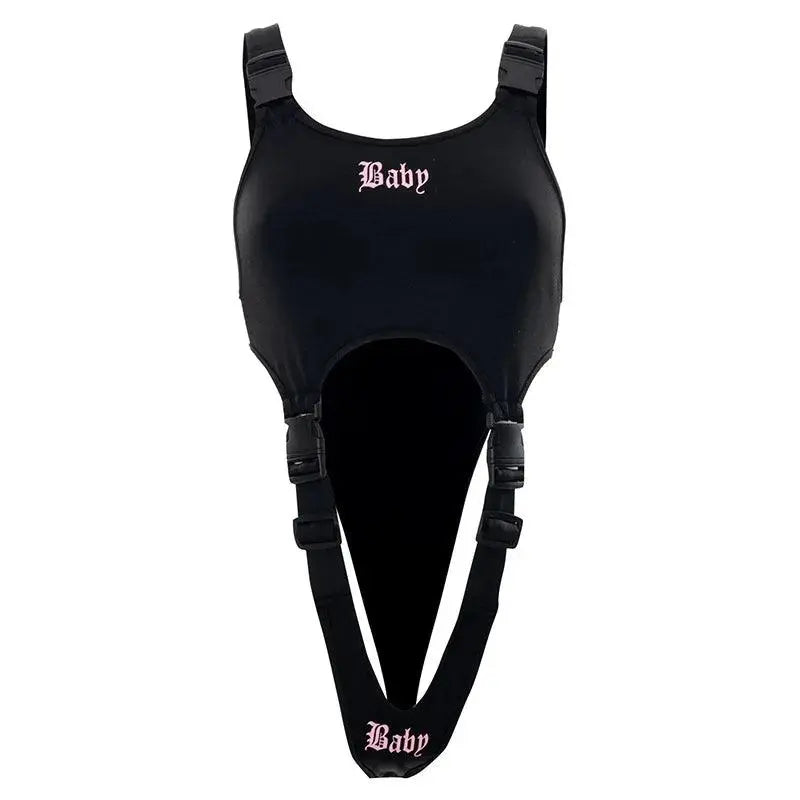 Goth Dark Techwear Y2k Punk Women Sexy Bodysuits Mall Gothic Cargo Black Buckle Patchwork Alt Clothes Cut Out Printed Streetwear - Tophatter Daily Deals