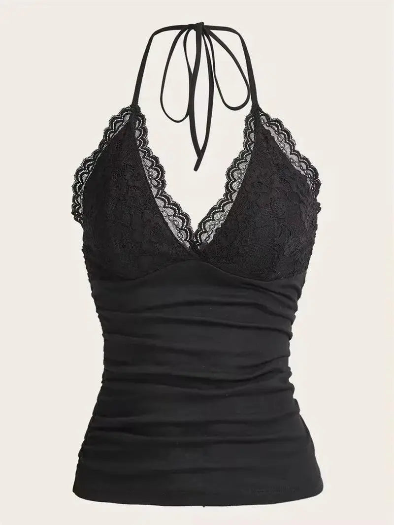 Goth Grunge Punk Black Lace Patchwork Halter Top Y2K Black - Tophatter Daily Deals