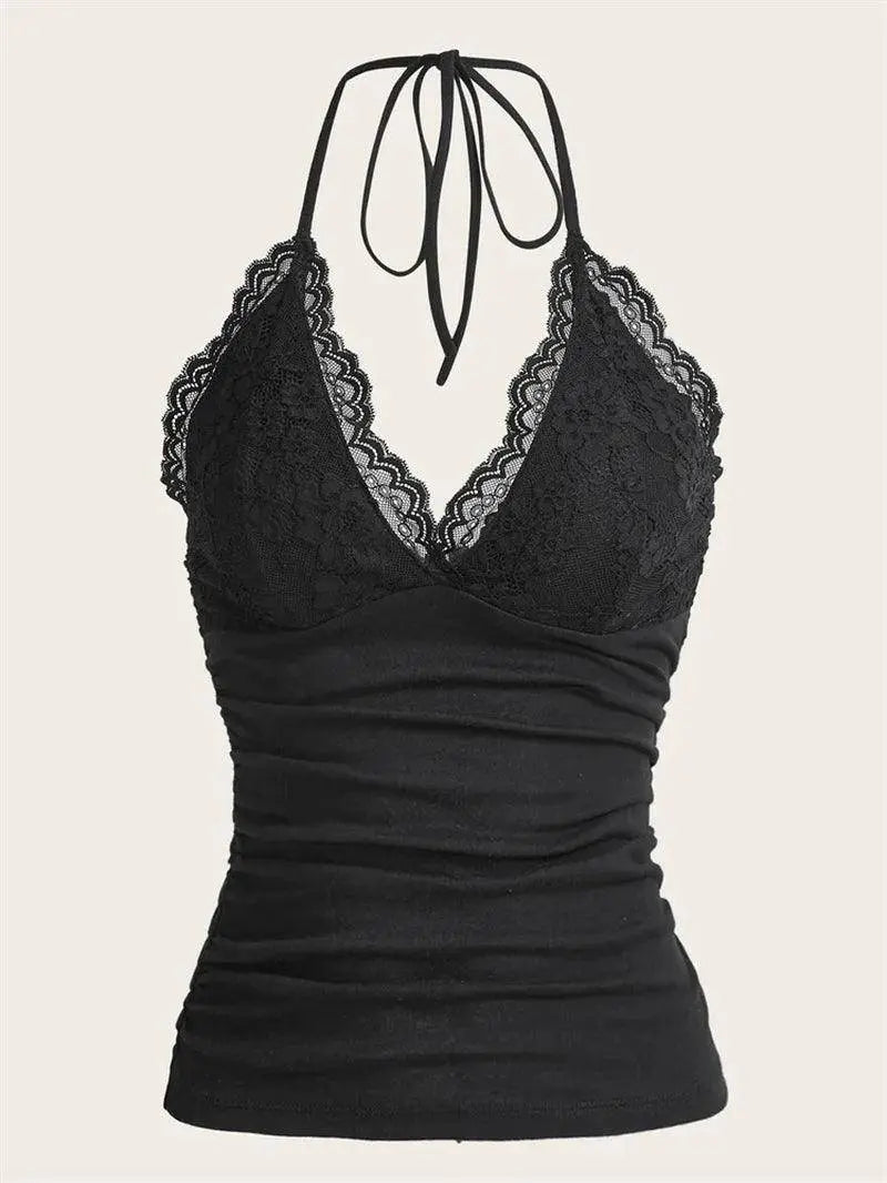 Goth Grunge Punk Black Lace Patchwork Halter Top Y2K - Tophatter Daily Deals