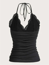 Goth Grunge Punk Black Lace Patchwork Halter Top Y2K - Tophatter Daily Deals
