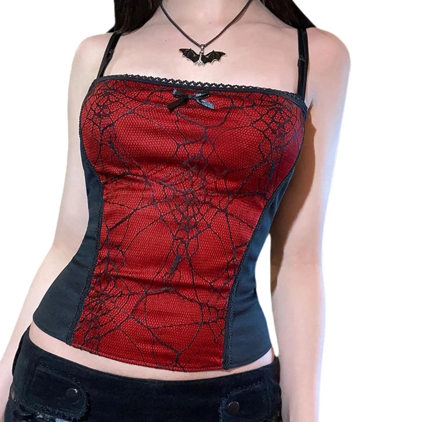 Gothic Cami Tops Y2K Aesthetic Grunge Mall Goth Crop Top Mesh Spider Net Lace Tank Lace Top E-girl Harajuku Slim Tees Red M - Tophatter Daily Deals