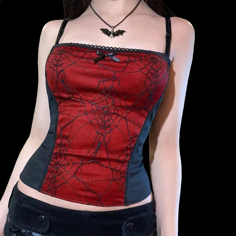 Gothic Cami Tops Y2K Aesthetic Grunge Mall Goth Crop Top Mesh Spider Net Lace Tank Lace Top E-girl Harajuku Slim Tees - Tophatter Daily Deals